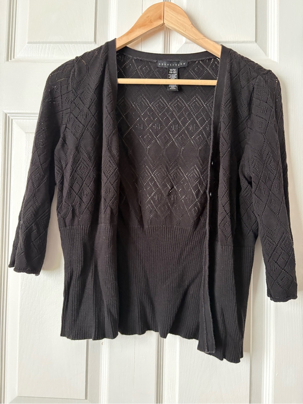 Apostrophe Black Open-Front Pointelle Knit Cardigan